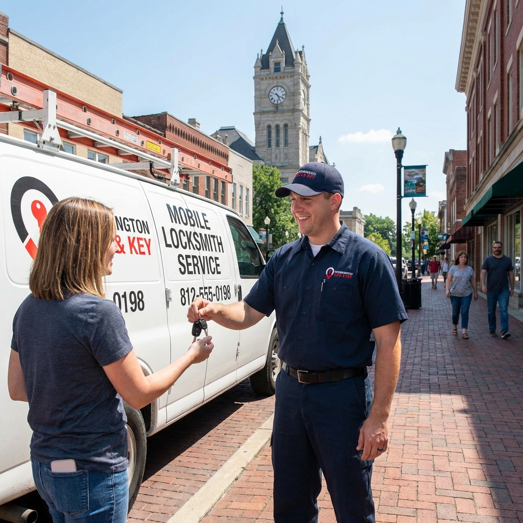 Locksmith unlocking a residential front door in Bloomington, IN